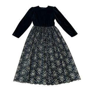 Vintage 80s Black Velvet Lace Dress Gold Floral Maxi Size Small Party Formal -